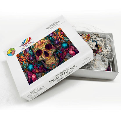 Floral Skull Stained Glass Jigsaw Puzzle: Gothic Botanical Art Decor