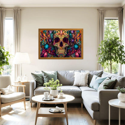 Floral Skull Stained Glass Jigsaw Puzzle: Gothic Botanical Art Decor