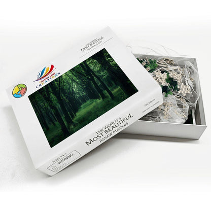 Enchanted Green Forest Wooden Jigsaw Puzzle: Tranquil Woodland Scene
