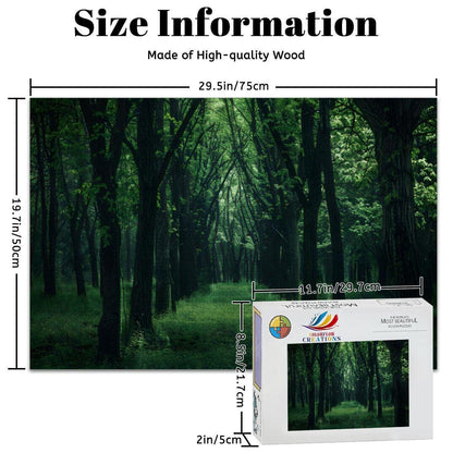 Enchanted Green Forest Wooden Jigsaw Puzzle: Tranquil Woodland Scene