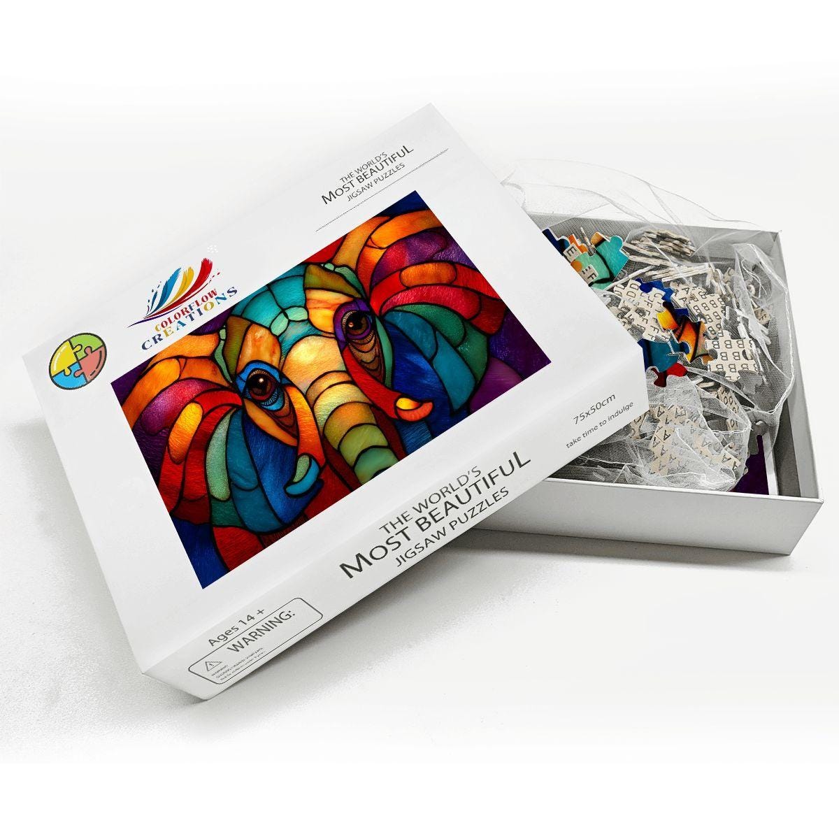 Stained Glass Style Elephant Puzzle: Rainbow Wooden Jigsaw Puzzle