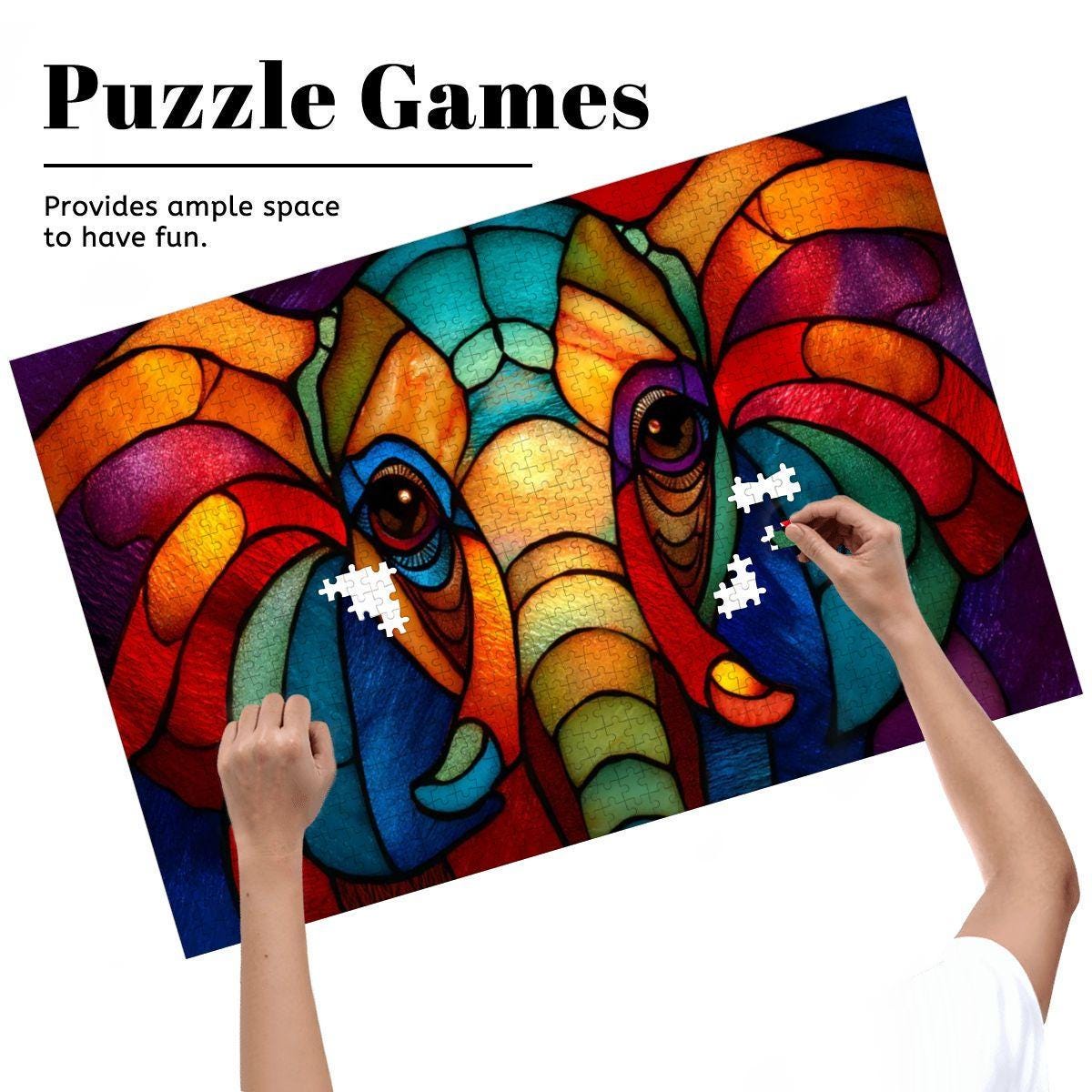 Stained Glass Style Elephant Puzzle: Rainbow Wooden Jigsaw Puzzle