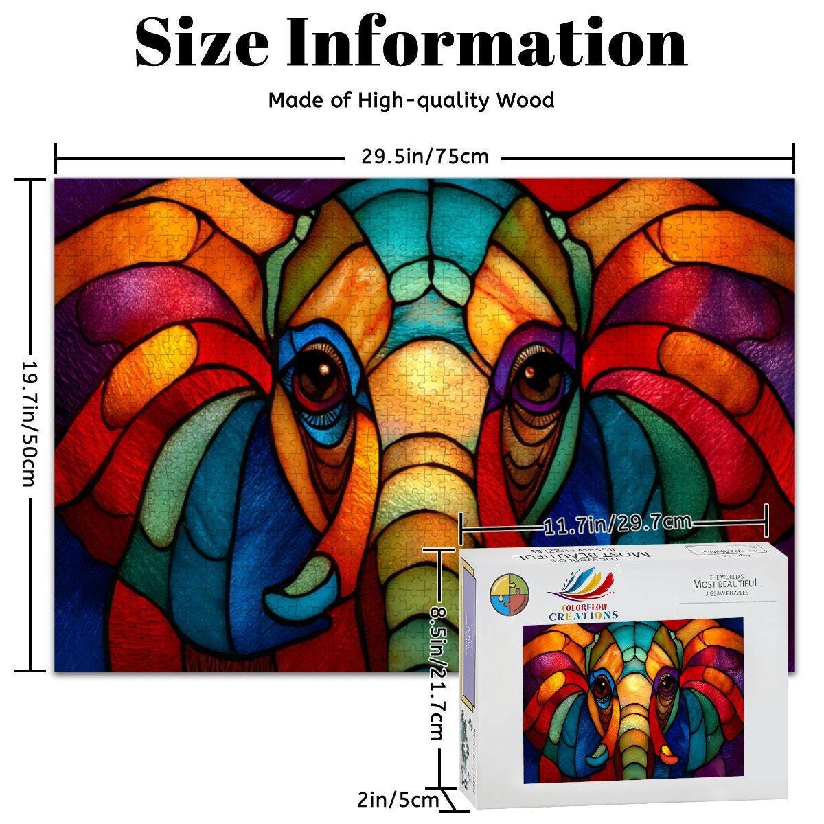 Stained Glass Style Elephant Puzzle: Rainbow Wooden Jigsaw Puzzle