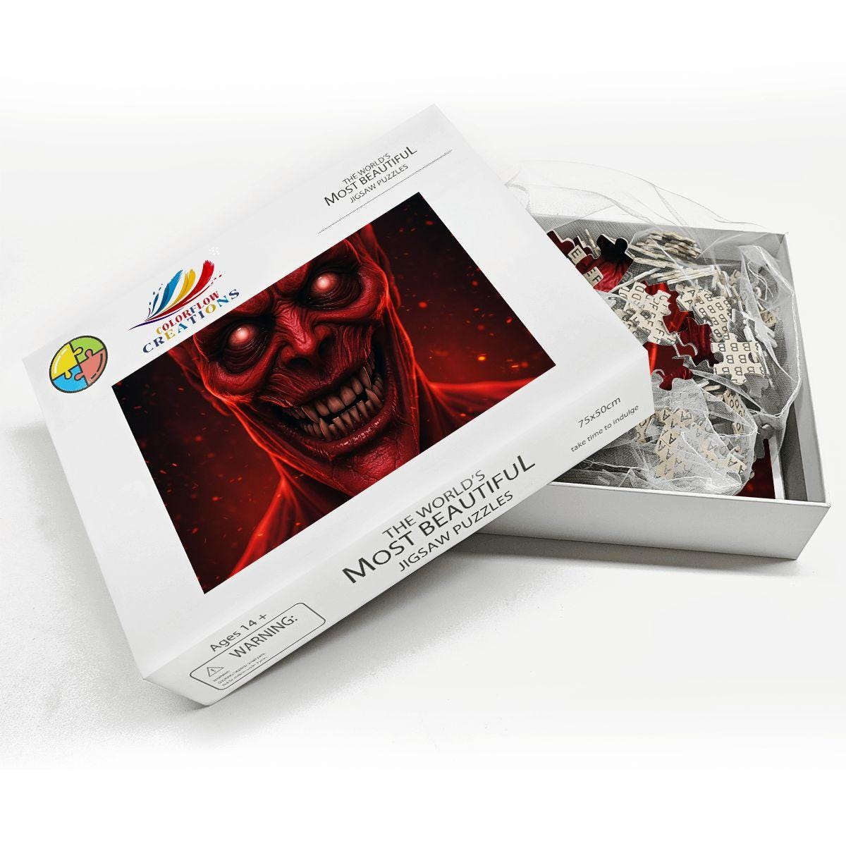 ColorFlow | Creepy Demon Puzzle in Fiery Horror Style | Scary Art Jigsaw for Adults | Haunted Gothic Wooden Jigsaw Puzzle