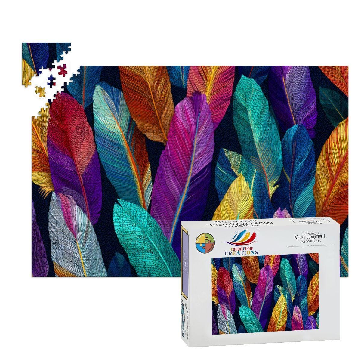 Feather Pattern Jigsaw Puzzle | Vivid Boho Art, Rainbow Colors