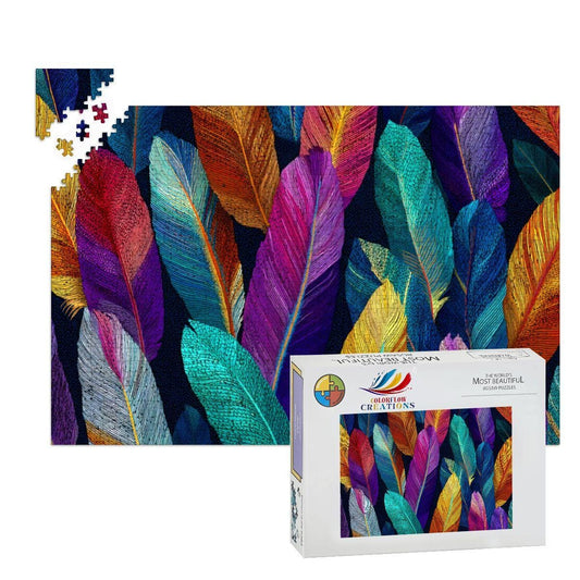 Feather Pattern Jigsaw Puzzle | Vivid Boho Art, Rainbow Colors
