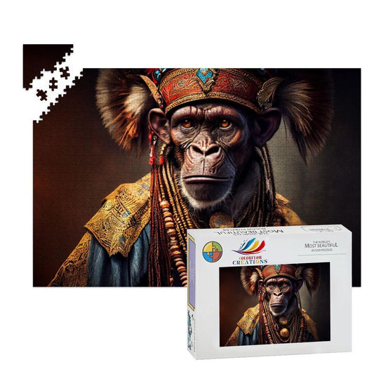 Tribal Gorilla Wooden Jigsaw Puzzle: Ornate Headdress, Basswood, Royal Primate