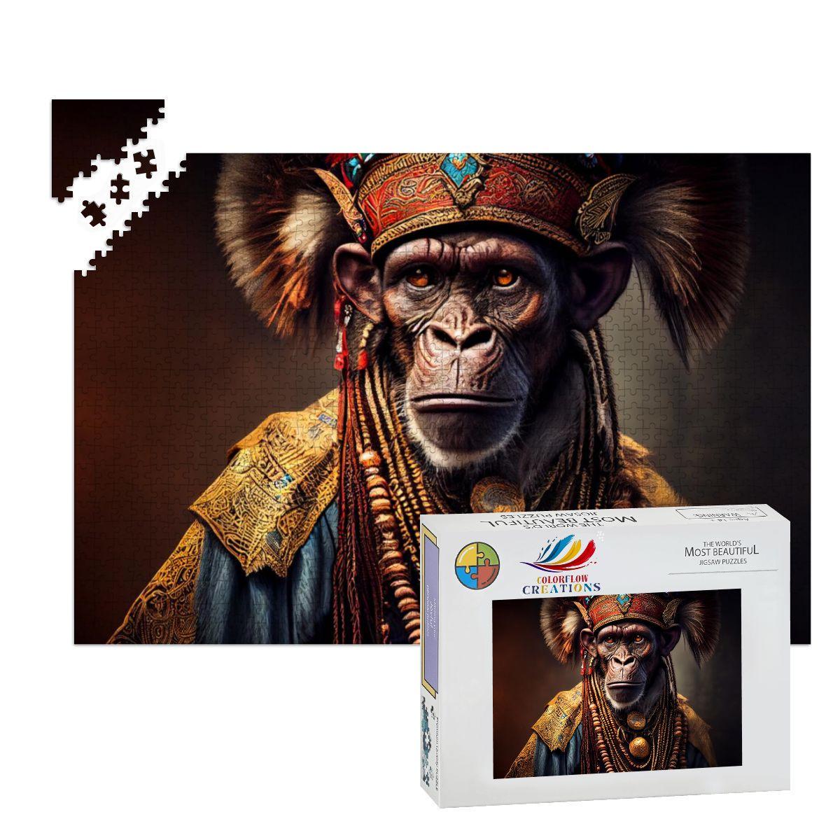 Tribal Gorilla Wooden Jigsaw Puzzle: Ornate Headdress, Basswood, Royal Primate