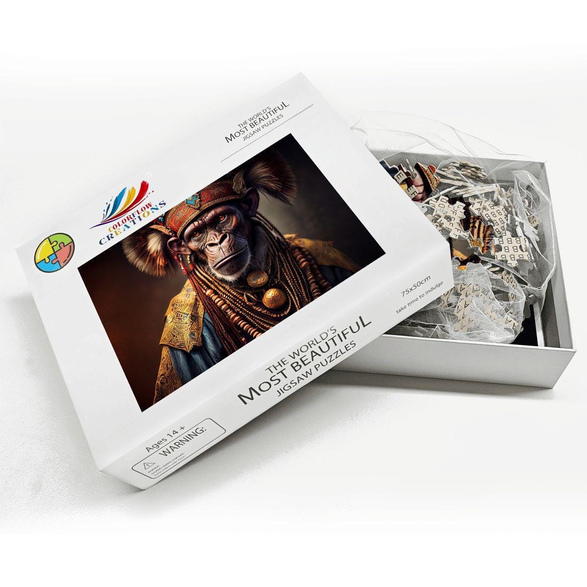 Tribal Gorilla Wooden Jigsaw Puzzle: Ornate Headdress, Basswood, Royal Primate