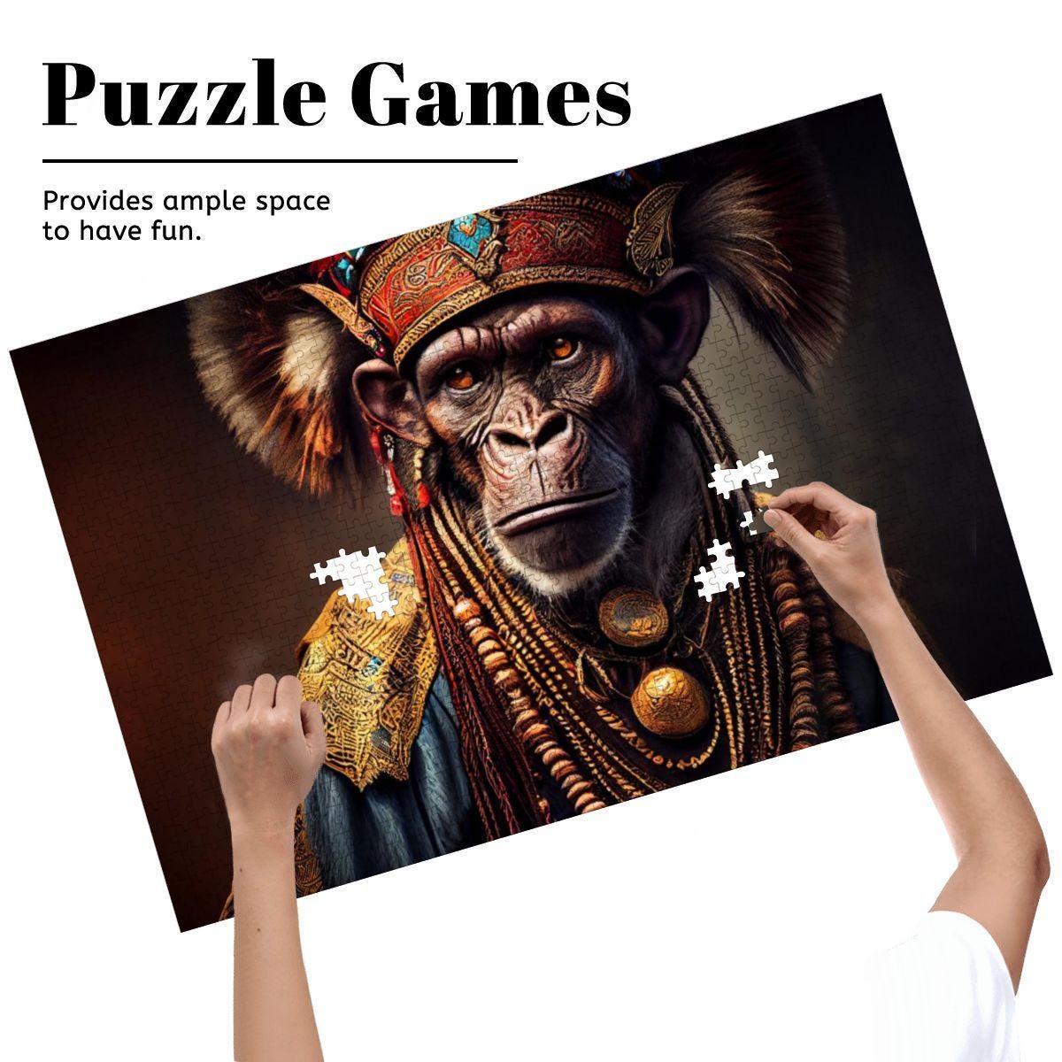 Tribal Gorilla Wooden Jigsaw Puzzle: Ornate Headdress, Basswood, Royal Primate