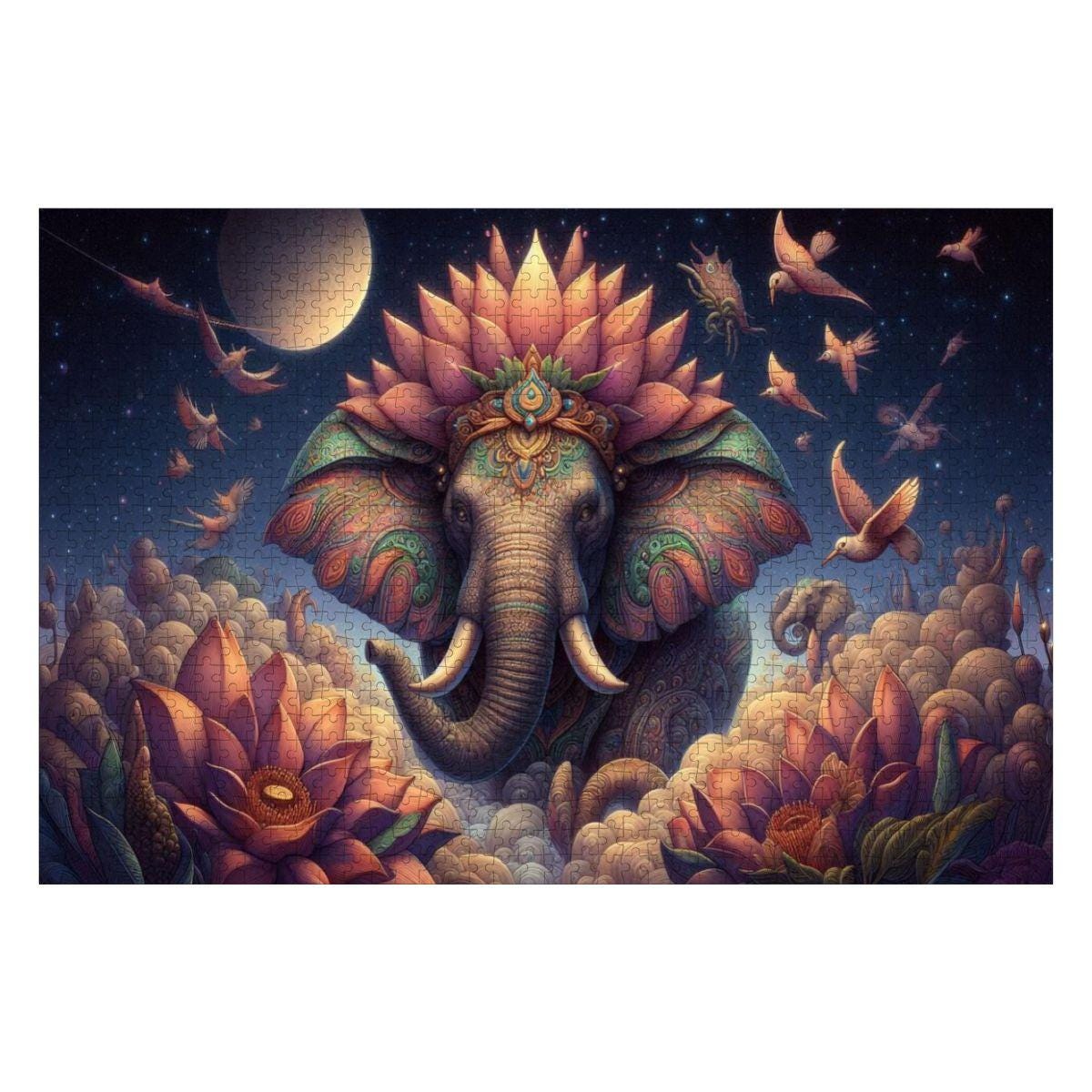 Cosmic Lotus Elephant Wooden Jigsaw Puzzle: Celestial Fantasy Art