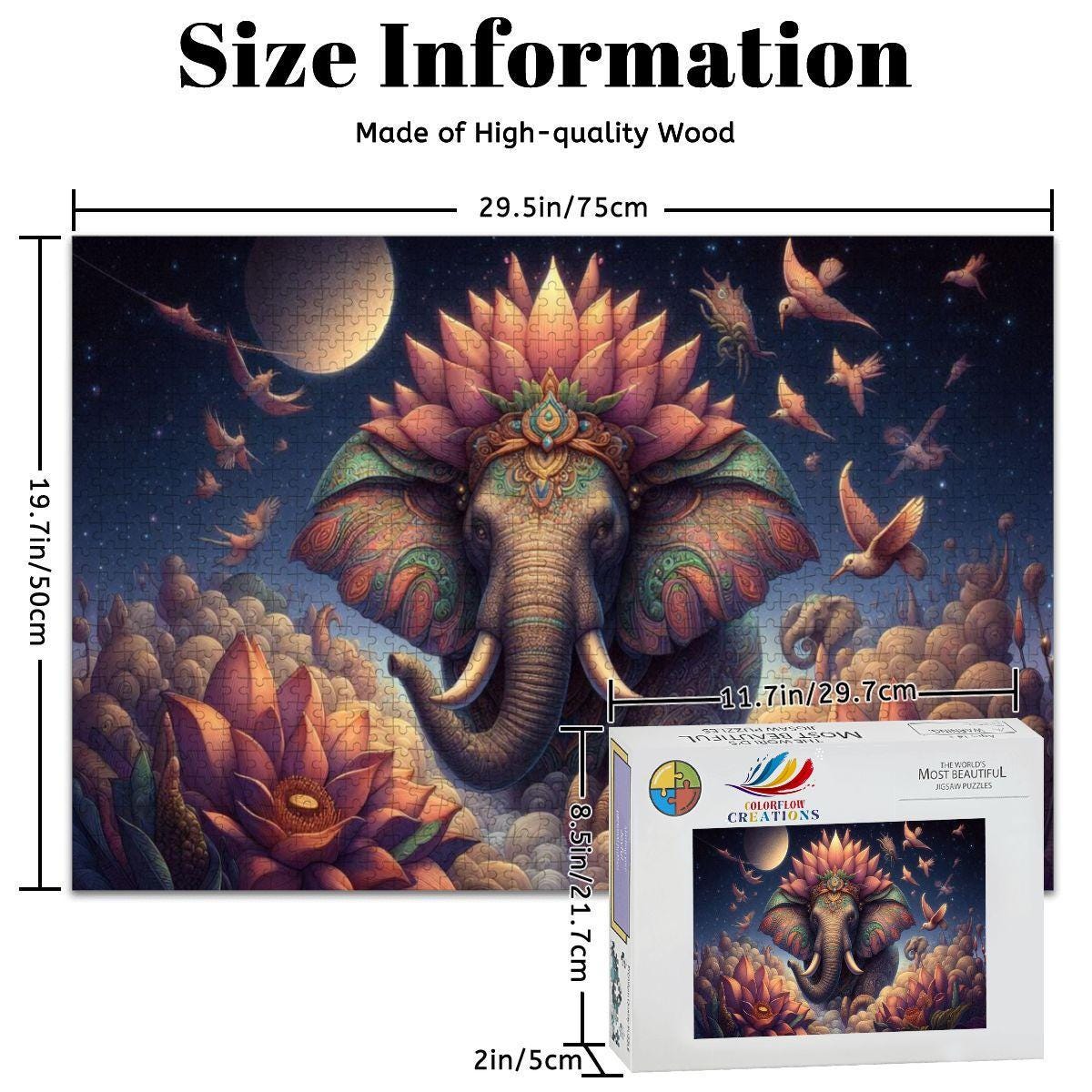 Cosmic Lotus Elephant Wooden Jigsaw Puzzle: Celestial Fantasy Art