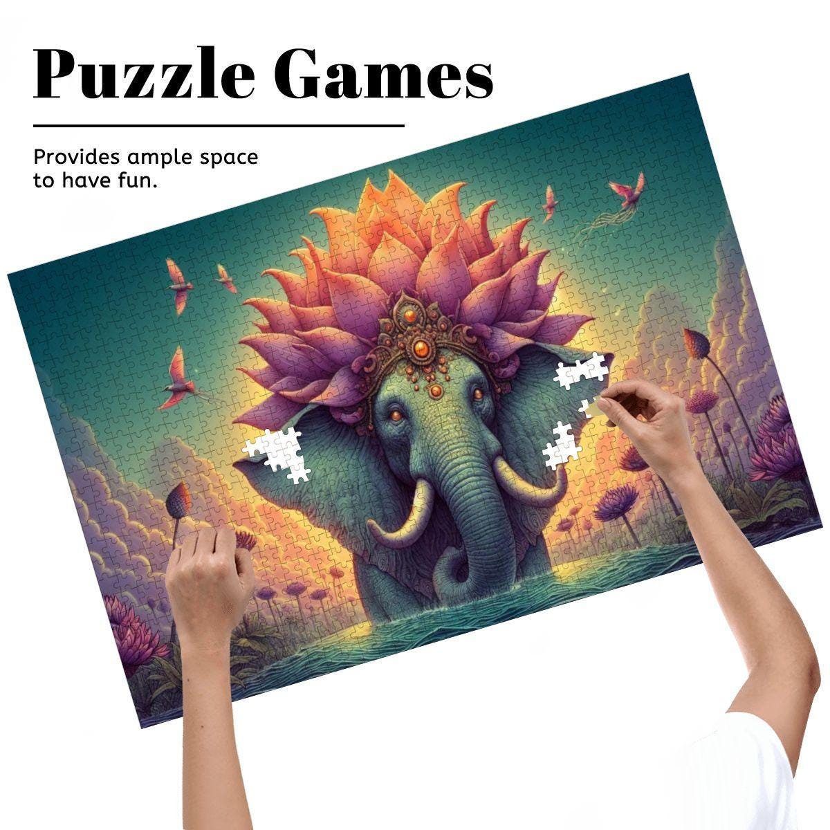 Lotus Crowned Elephant Jigsaw Puzzle: Dreamy Sunset Water Garden