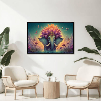 Lotus Crowned Elephant Jigsaw Puzzle: Dreamy Sunset Water Garden