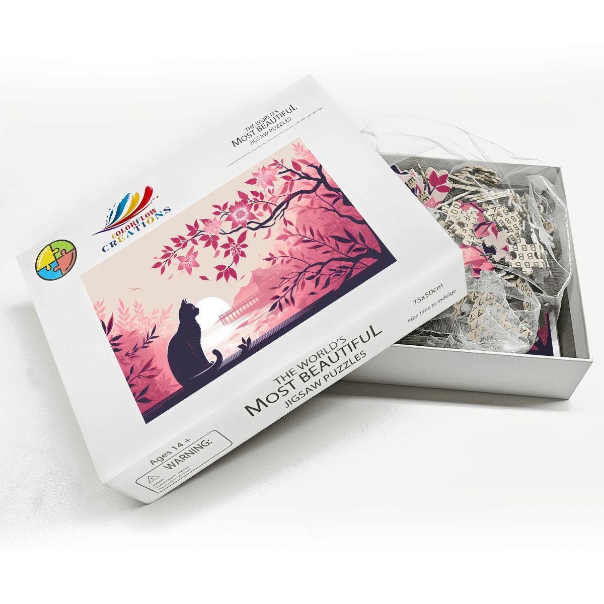 Cat Watching Sunset Wooden Jigsaw Puzzle: Japanese Cherry Blossom Art