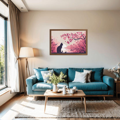 Cat Watching Sunset Wooden Jigsaw Puzzle: Japanese Cherry Blossom Art