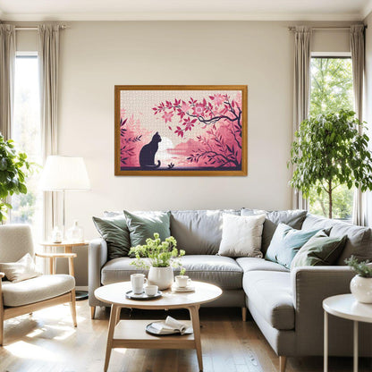 Cat Watching Sunset Wooden Jigsaw Puzzle: Japanese Cherry Blossom Art