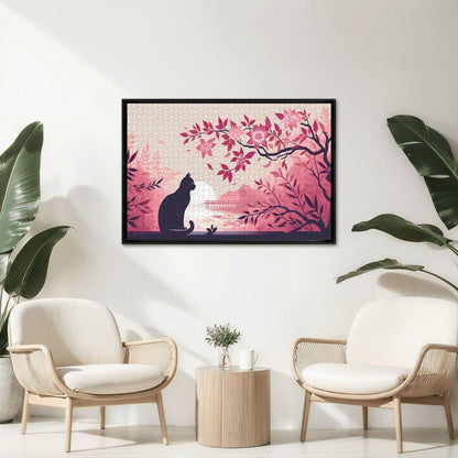 Cat Watching Sunset Wooden Jigsaw Puzzle: Japanese Cherry Blossom Art