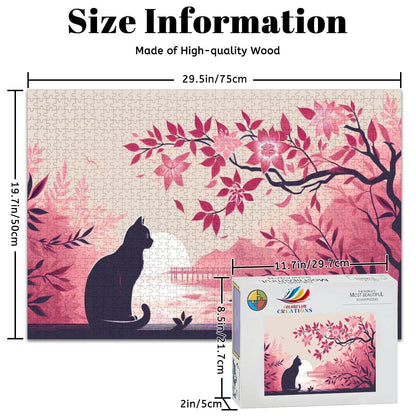 Cat Watching Sunset Wooden Jigsaw Puzzle: Japanese Cherry Blossom Art