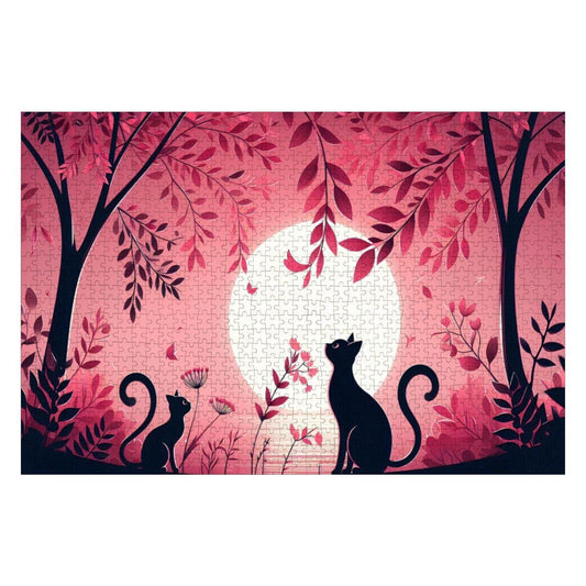 Two Black Cats Jigsaw Puzzle: Pink Moonlight Botanical Art