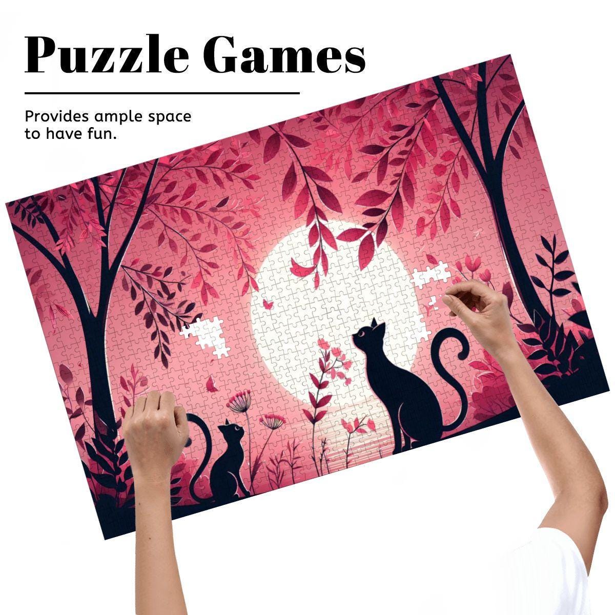 Two Black Cats Jigsaw Puzzle: Pink Moonlight Botanical Art