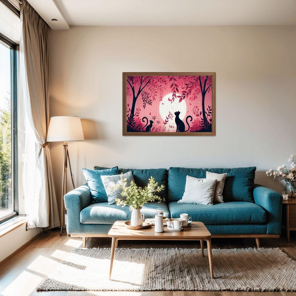 Two Black Cats Jigsaw Puzzle: Pink Moonlight Botanical Art