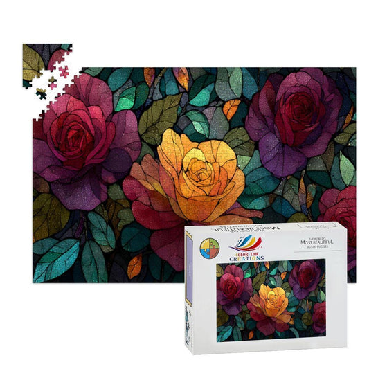 Stained Glass Rose Jigsaw Puzzle: Colorful Botanical Art, Basswood