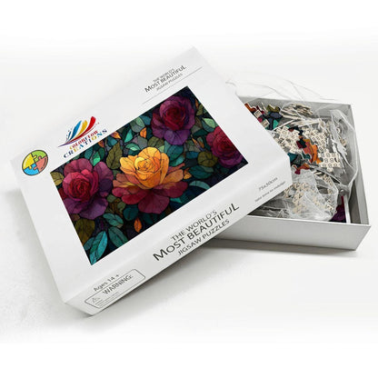 Stained Glass Rose Jigsaw Puzzle: Colorful Botanical Art, Basswood