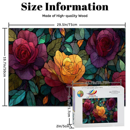 Stained Glass Rose Jigsaw Puzzle: Colorful Botanical Art, Basswood