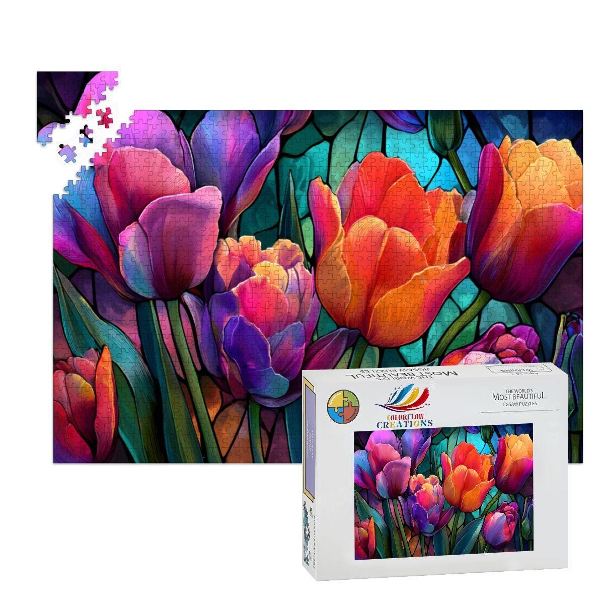 Stained Glass Tulip Puzzle: Colorful Floral Jigsaw Art