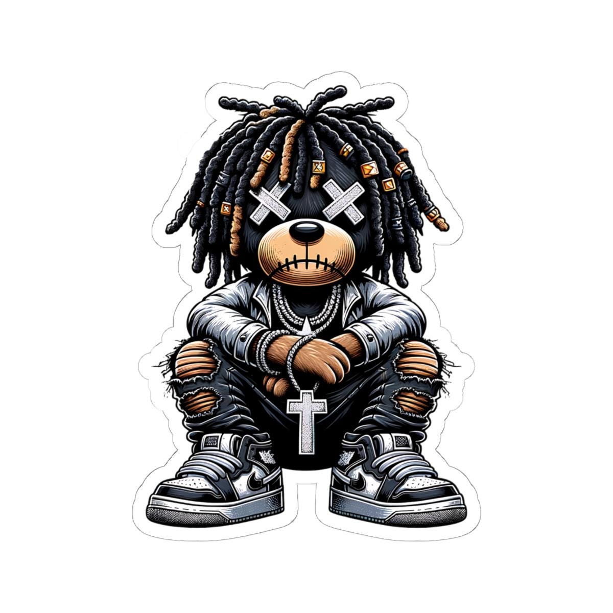Dreadlock Bear Vinyl Sticker: Urban Gothic Streetwear, Waterproof