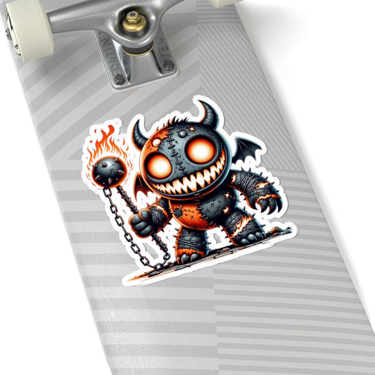 ColorFlow | Stitched Demon Plushie Vinyl Sticker | Fire Mace Art Decal | Spooky Cute Collectible | Unique Gift for Monster Fans