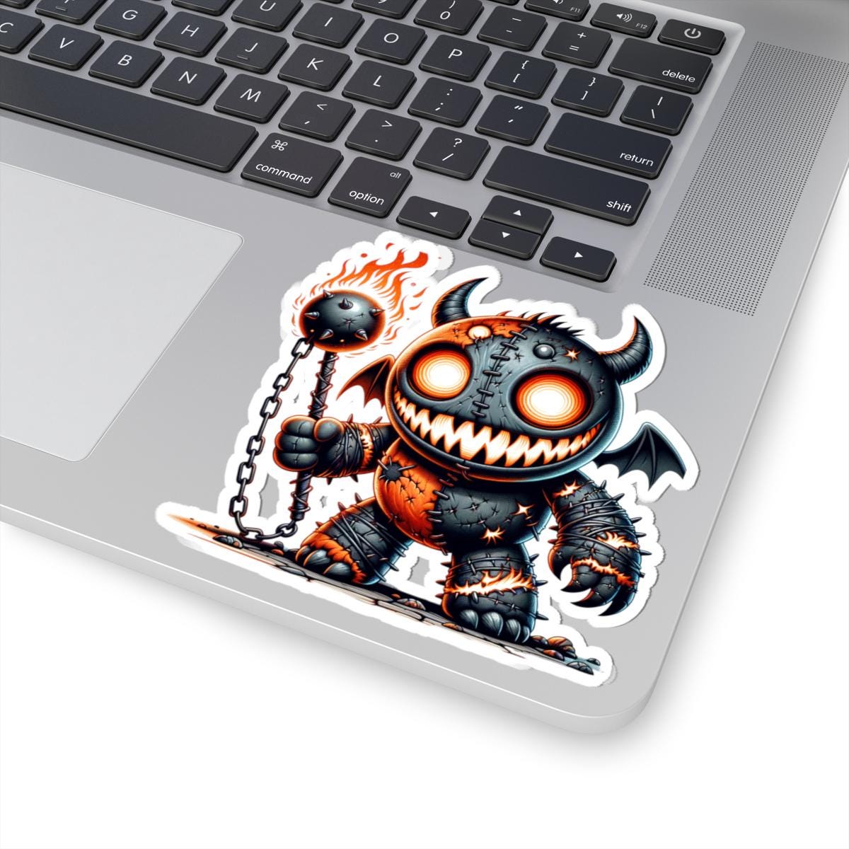 ColorFlow | Stitched Demon Plushie Vinyl Sticker | Fire Mace Art Decal | Spooky Cute Collectible | Unique Gift for Monster Fans