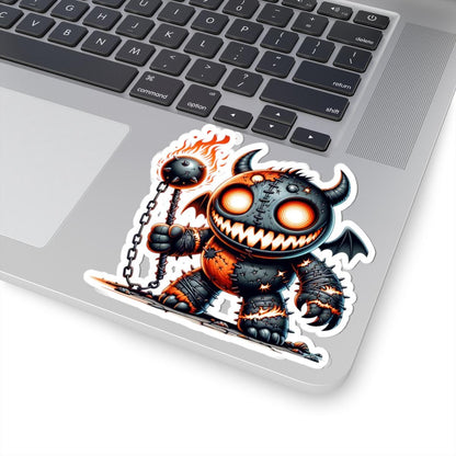ColorFlow | Stitched Demon Plushie Vinyl Sticker | Fire Mace Art Decal | Spooky Cute Collectible | Unique Gift for Monster Fans