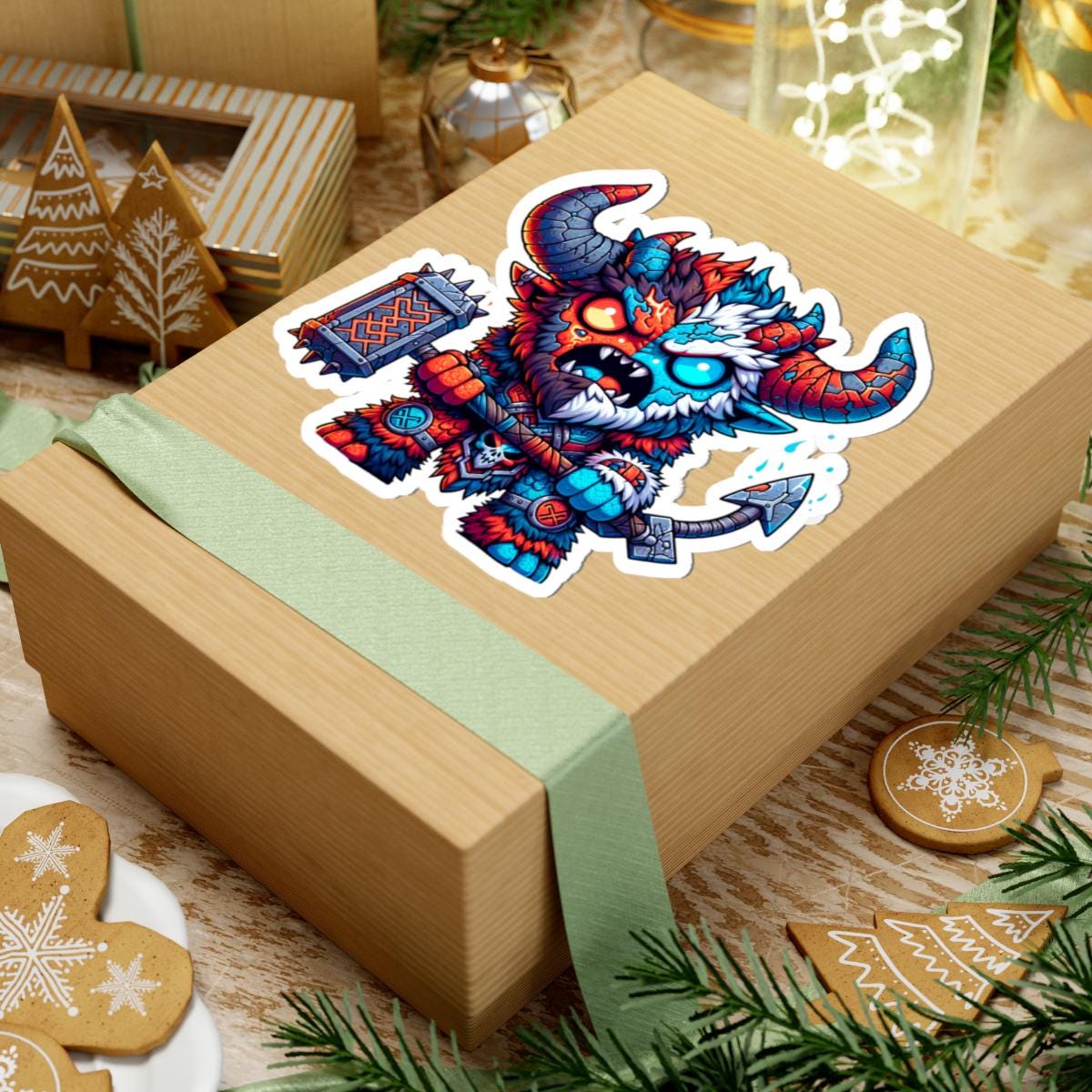 Fire and Ice Beast Vinyl Sticker: Dual Element Fantasy Art Decal