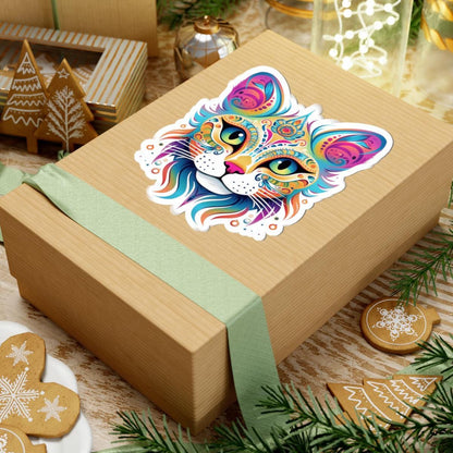 ColorFlow Psychedelic Cat Face Sticker | Trippy Rainbow Kitty Head Art | Vibrant Vinyl Sticker