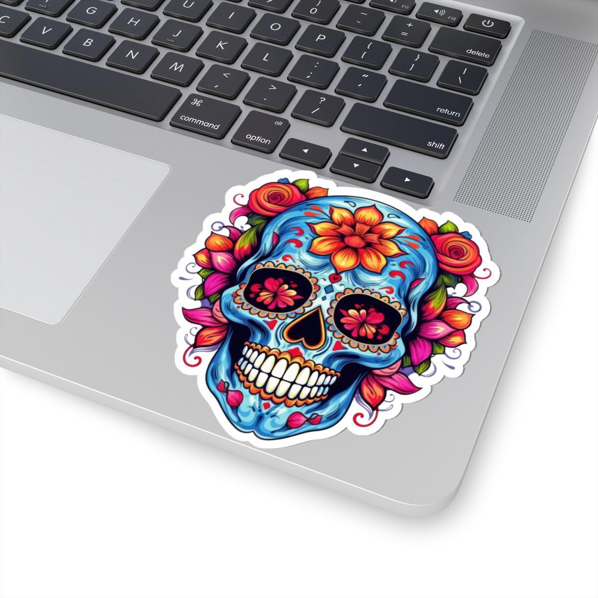 Blue Sugar Skull Vinyl Sticker: Floral Dia de los Muertos Decal