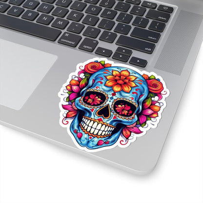 Blue Sugar Skull Vinyl Sticker: Floral Dia de los Muertos Decal