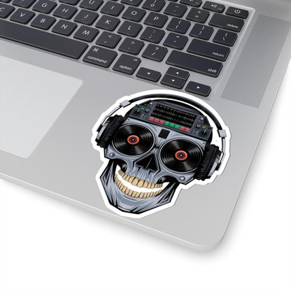 DJ Skull Sticker: Red Vinyl Eyes, Headphones, Mixer - Waterproof EDM Decal