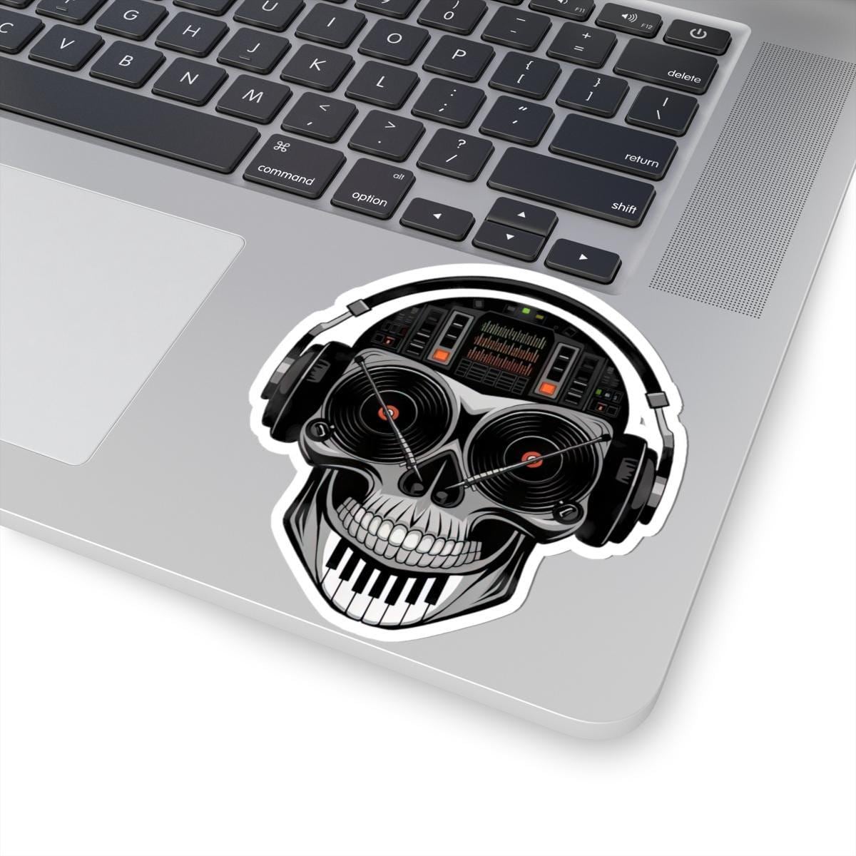 DJ Skull Sticker: Red Vinyl Eyes, Mixer, Piano - EDM Music Decal