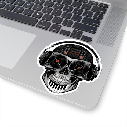 DJ Skull Sticker: Red Vinyl Eyes, Mixer, Piano - EDM Music Decal