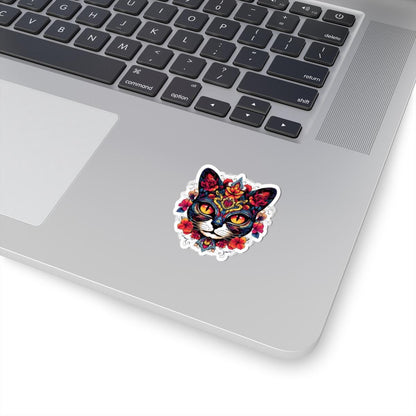 Floral Sugar Skull Cat Sticker: Día de los Muertos Calavera Vinyl Decal