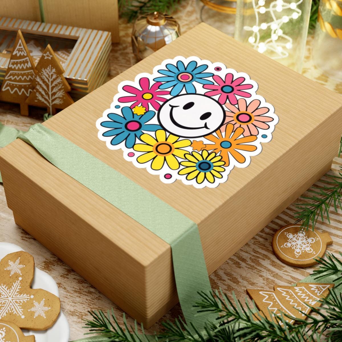 Groovy Smiley Flower Sticker: 70s Retro Daisy Vinyl Decal