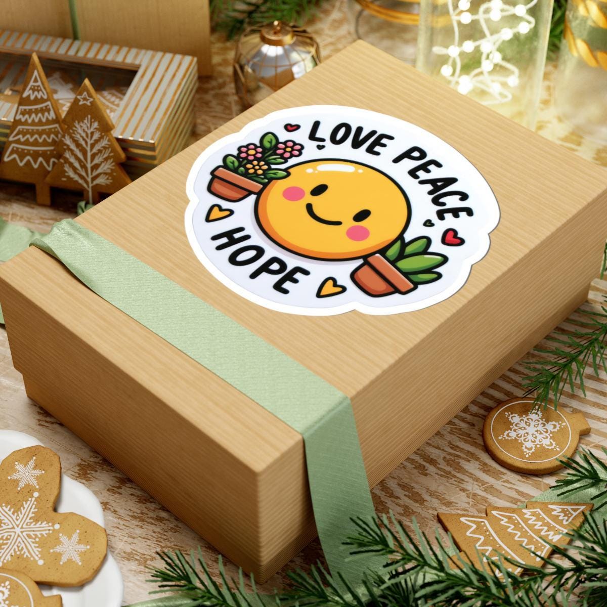 Love Peace Hope Sticker: Smiley Face, Potted Plants - Waterproof Vinyl Decal