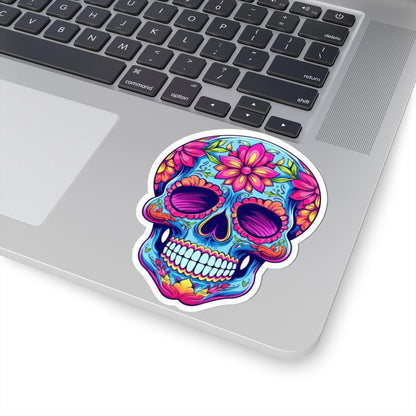 Pink Floral Sugar Skull Sticker: Waterproof Vinyl Decal, Dia de los Muertos