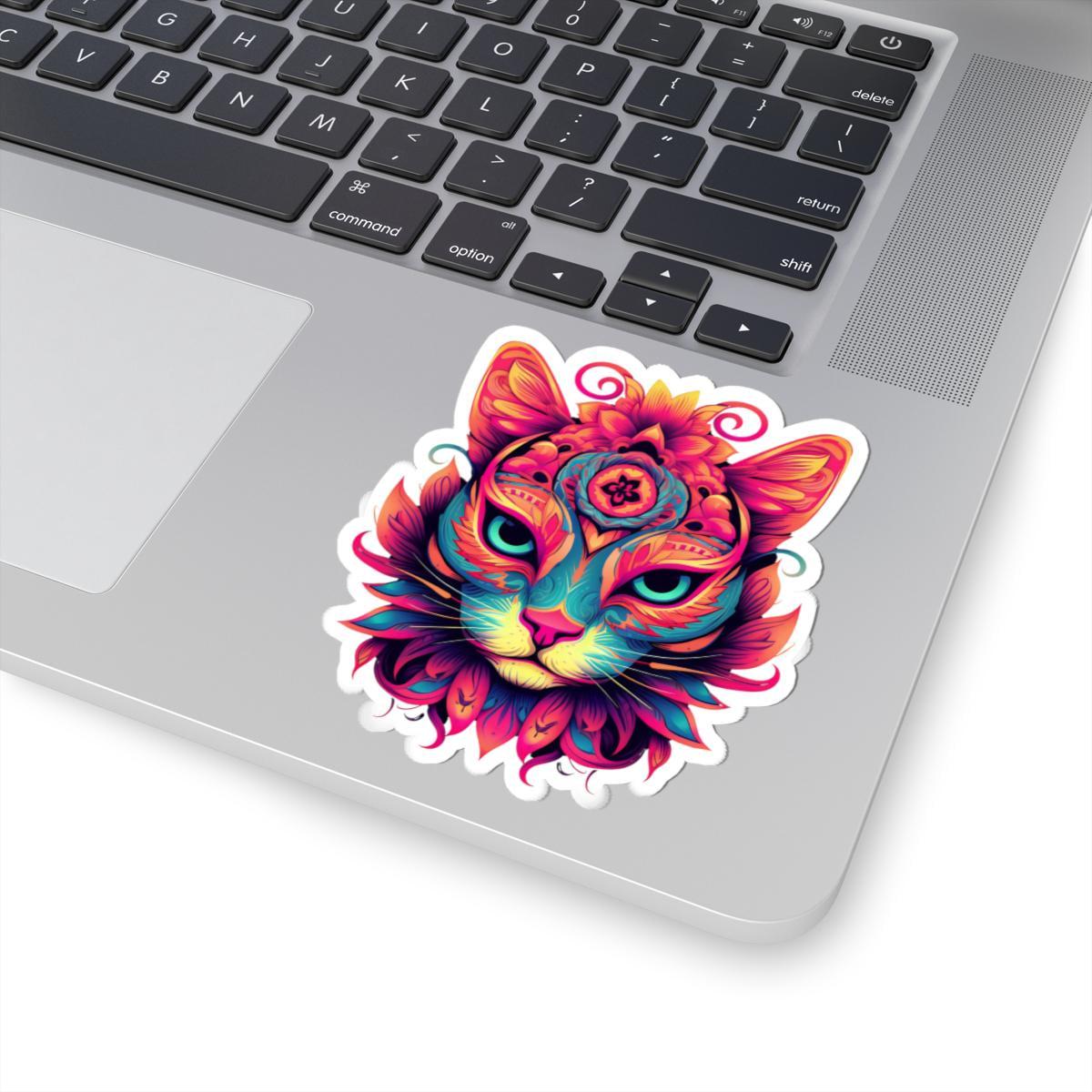 Psychedelic Cat Sticker: Vibrant Floral Trippy Vinyl Decal