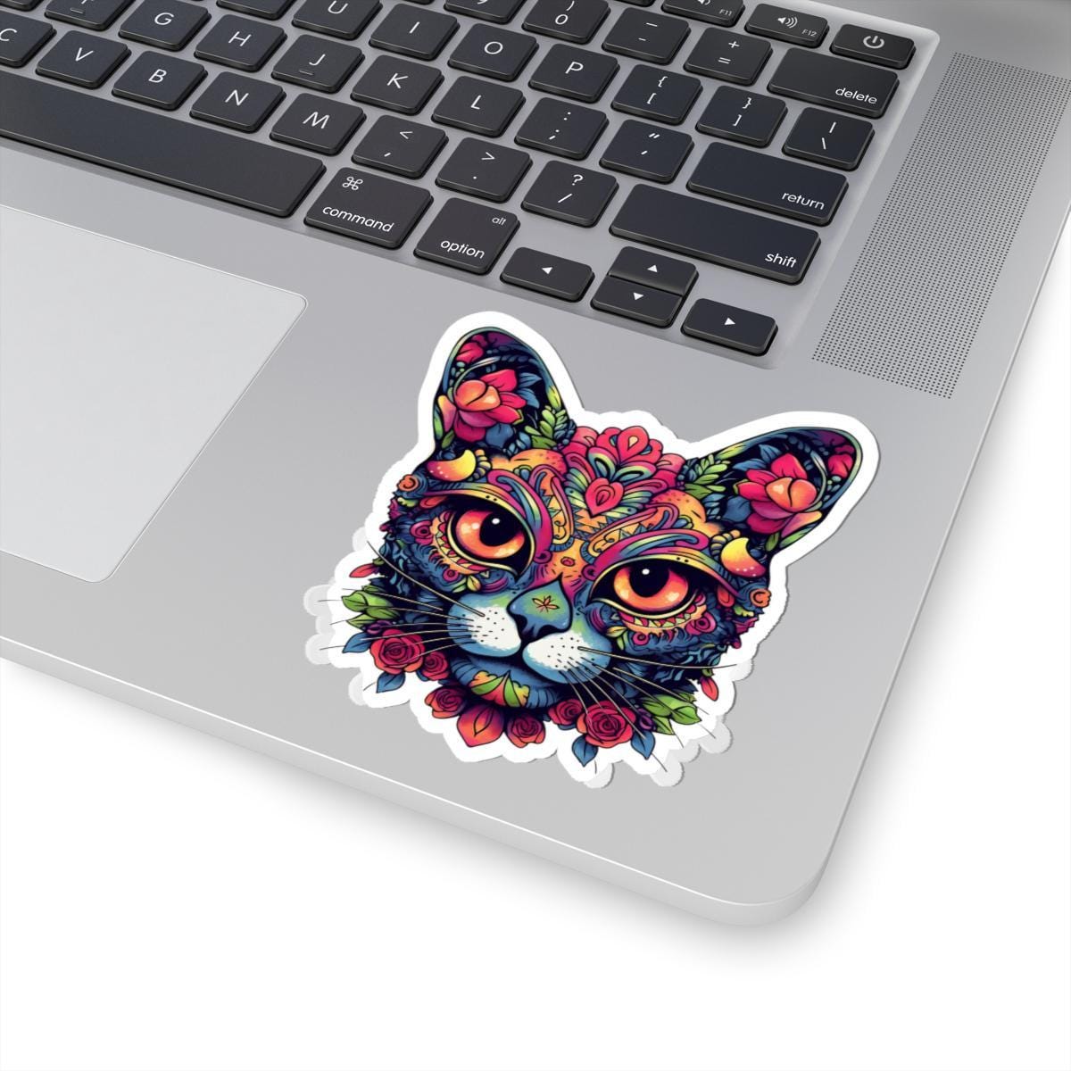 Psychedelic Floral Cat Sticker: Boho Trippy Vinyl Decal