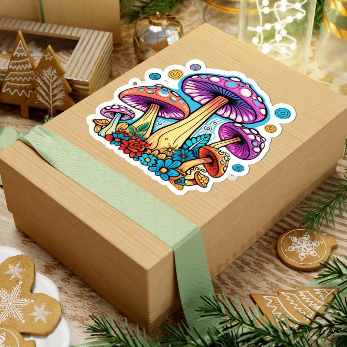 ColorFlow | Psychedelic Mushroom Garden Sticker | Trippy Fungi Vinyl Decal with Flowers | Boho Nature Art