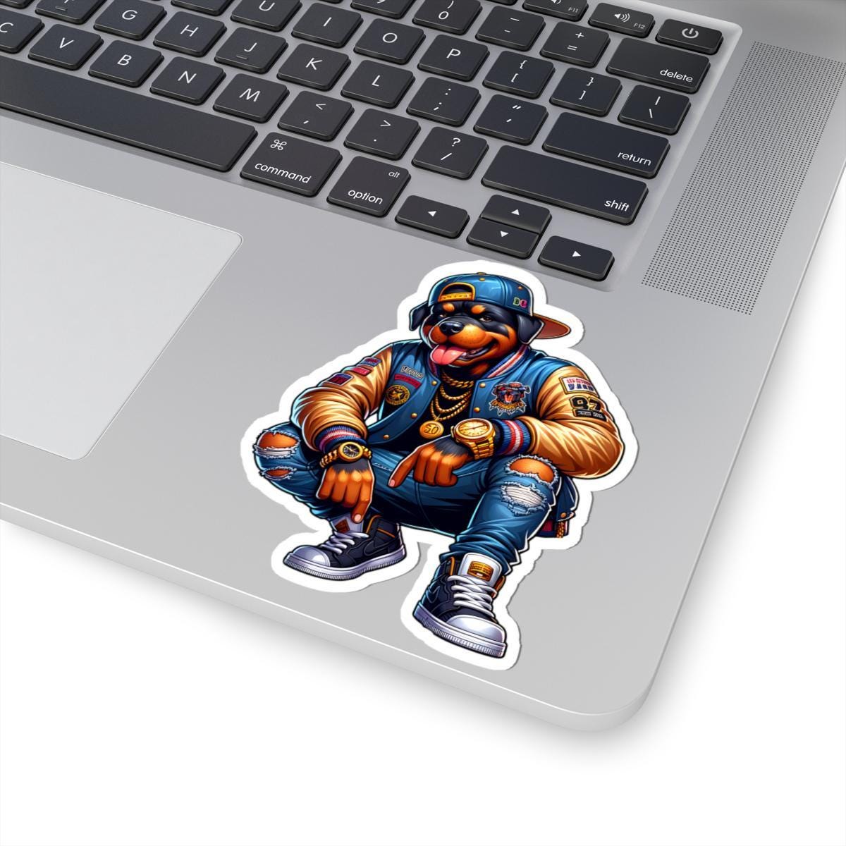 Rottweiler Streetwear Sticker: Hip Hop Dog Art, Gold Chains & Varsity Jacket