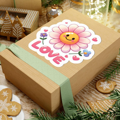 Kawaii Love Flower Sticker: Smiling Face, Pink Petals, Waterproof Vinyl